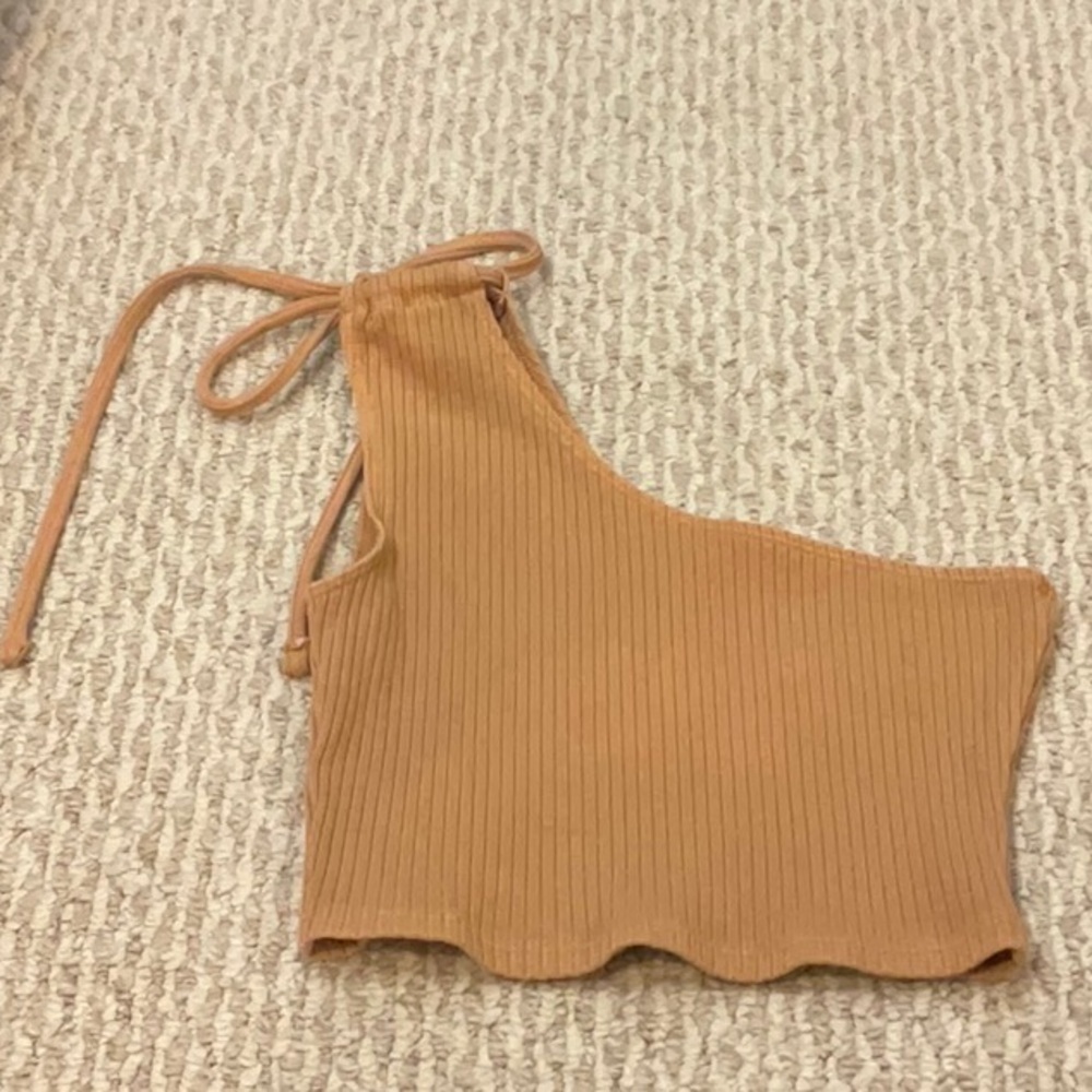 Aerie Camel Ribbed One-Shoulder Top